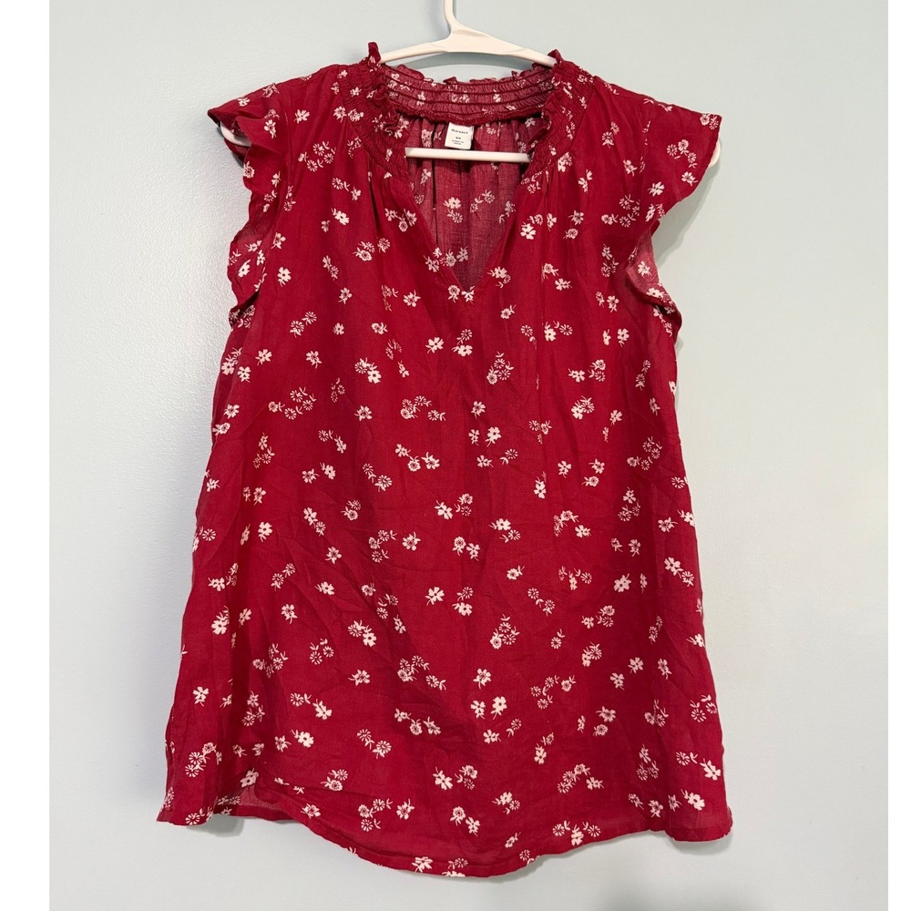 Old Navy Women's XS Red Floral Ruffle V-Neck Sleeveless Cotton Blouse Top 1038
